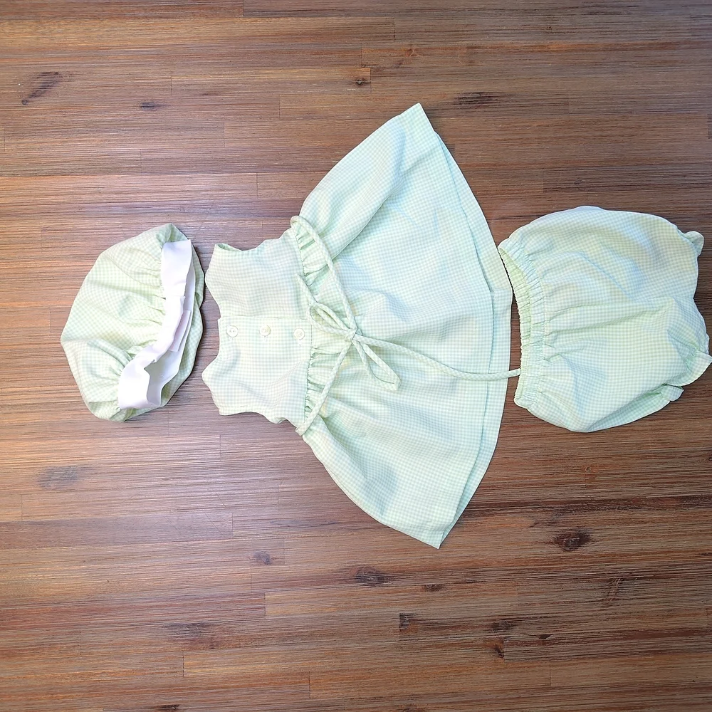 VTG Bonnie Baby Green Sleeveless Float Dress Set With Hat & Bloomers Size 3-6